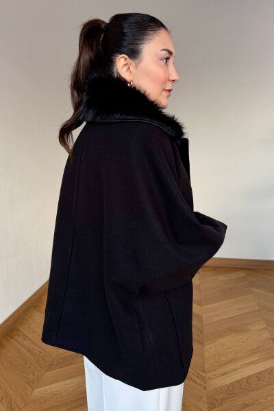 CKT-12478 Siyah Çıkarılabilir Kürklü Premium Kaşe Kaban - 4