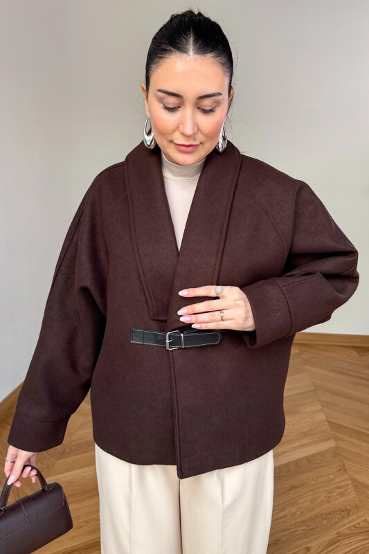 CKT-12479 Acı Kahve Deri Kemer Tokalı İthal Kaşe Ceket - 1