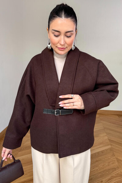 CKT-12479 Acı Kahve Deri Kemer Tokalı İthal Kaşe Ceket - Cappmoda