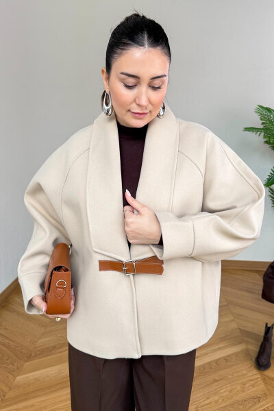 CKT-12479 Bej Deri Kemer Tokalı İthal Kaşe Ceket - Cappmoda