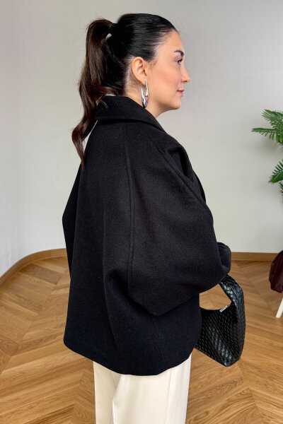 CKT-12479 Siyah Deri Kemer Tokalı İthal Kaşe Ceket - 3