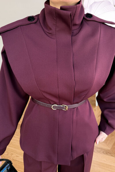 CKT-12480 Mürdüm Pamuklu Poliviskon Apoletli Dik Yaka Kemerli Ceket - 3