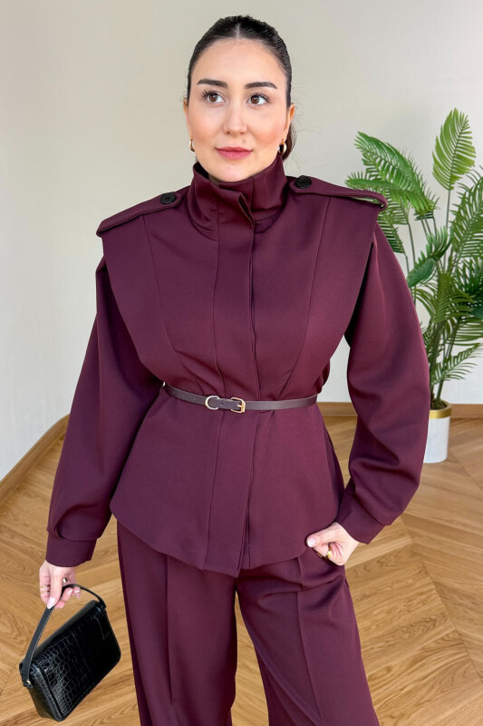 CKT-12480 Mürdüm Pamuklu Poliviskon Apoletli Dik Yaka Kemerli Ceket - 4