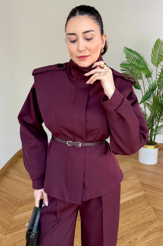 CKT-12480 Mürdüm Pamuklu Poliviskon Apoletli Dik Yaka Kemerli Ceket - 1