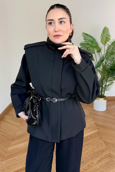 CKT-12480 Siyah Pamuklu Poliviskon Apoletli Dik Yaka Kemerli Ceket - Cappmoda