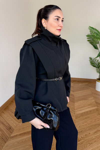 CKT-12480 Siyah Pamuklu Poliviskon Apoletli Dik Yaka Kemerli Ceket - 3