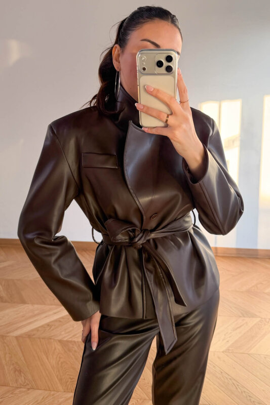 CKT-12481 Acı Kahve Astarlı Kuşaklı Vatkalı Suni Deri Ceket - 5