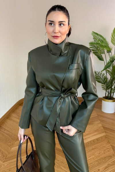CKT-12481 Haki Astarlı Kuşaklı Vatkalı Suni Deri Ceket - Cappmoda