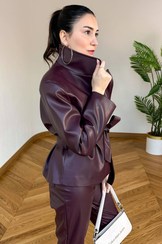 CKT-12481 Mürdüm Astarlı Kuşaklı Vatkalı Suni Deri Ceket - 4