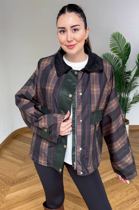 CKT-12483 Kahverengi Kadife Yakalı Ekose Muadil Ceket - 2