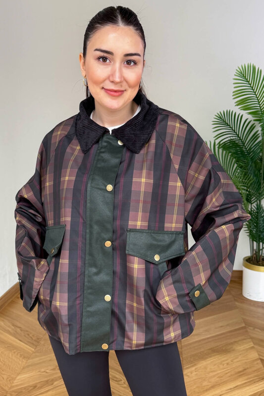 CKT-12483 Kahverengi Kadife Yakalı Ekose Muadil Ceket - 3