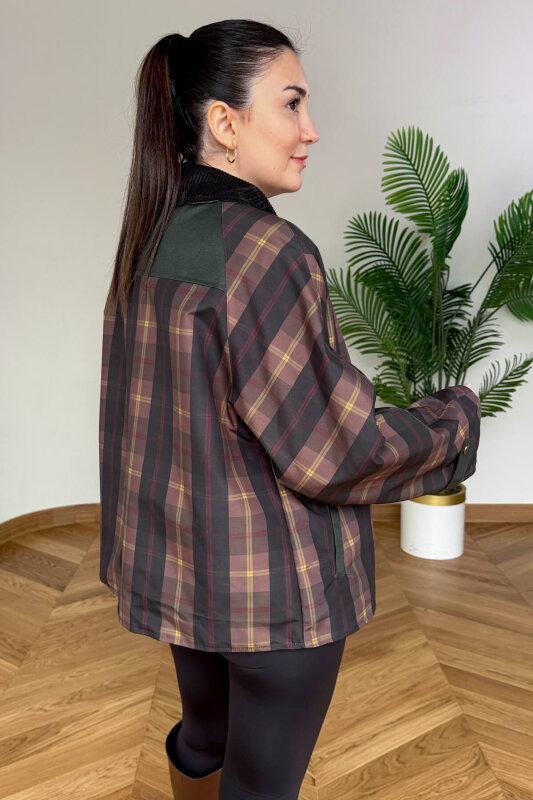 CKT-12483 Kahverengi Kadife Yakalı Ekose Muadil Ceket - 4