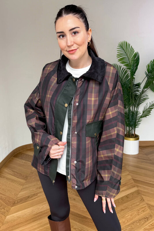 CKT-12483 Kahverengi Kadife Yakalı Ekose Muadil Ceket - 5