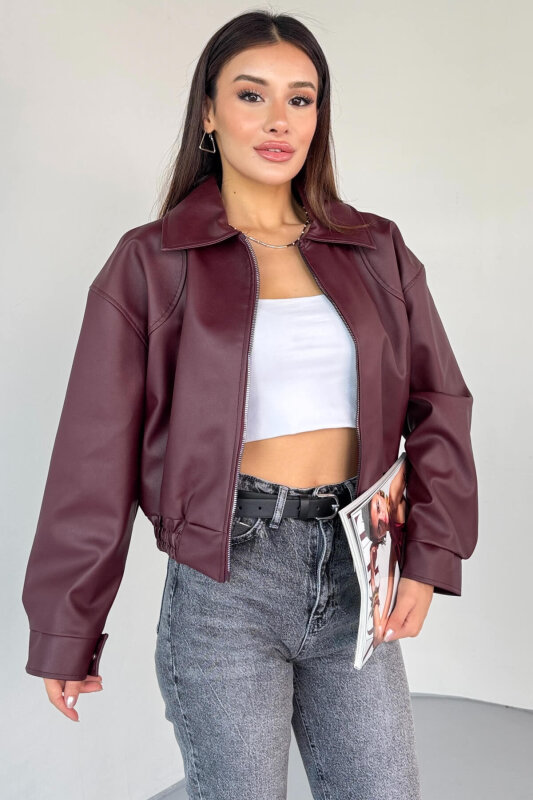 CKT-2016 Bordo Suni Deri Fermuarlı Bel Lastikli Cropped Model Ceket - 1