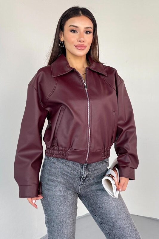 CKT-2016 Bordo Suni Deri Fermuarlı Bel Lastikli Cropped Model Ceket - 4