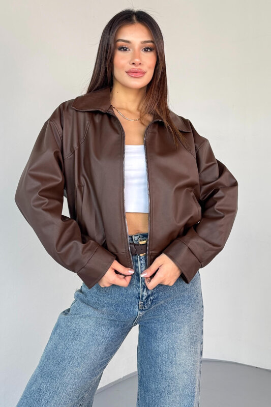 CKT-2016 Kahverengi Suni Deri Fermuarlı Bel Lastikli Cropped Model Ceket - 1