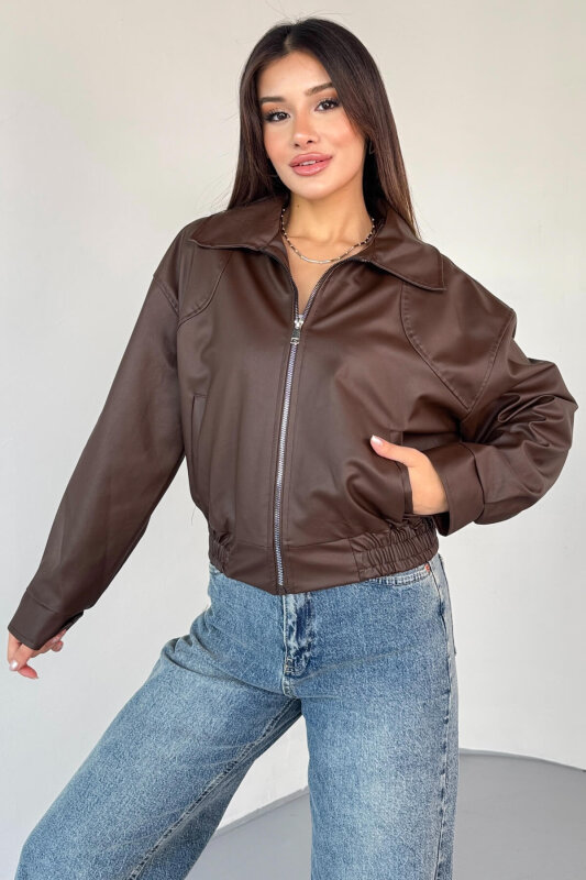 CKT-2016 Kahverengi Suni Deri Fermuarlı Bel Lastikli Cropped Model Ceket - 2