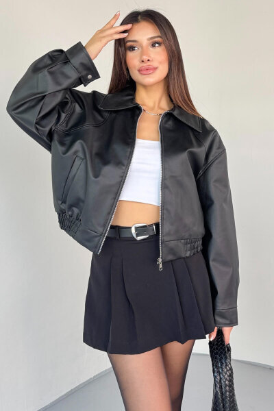 CKT-2016 Siyah Suni Deri Fermuarlı Bel Lastikli Cropped Model Ceket 