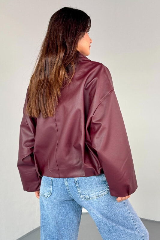 CKT-2017 Bordo Suni Deri Kemerli Astarlı Oversize Ceket - 3