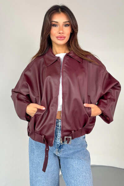 CKT-2017 Bordo Suni Deri Kemerli Astarlı Oversize Ceket - 7