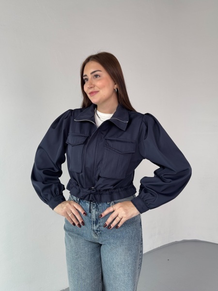 CKT-2037 Lacivert Cepli Kısa Form Büzgü Detaylı Bomber Ceket - Cappmoda