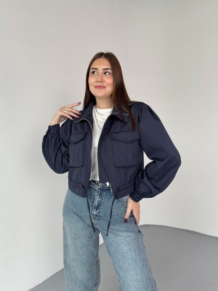 CKT-2037 Lacivert Cepli Kısa Form Büzgü Detaylı Bomber Ceket - Cappmoda (1)