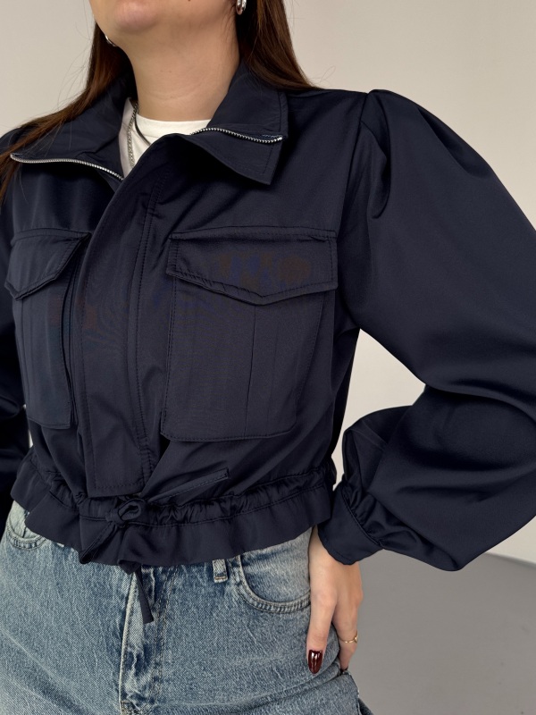 CKT-2037 Lacivert Cepli Kısa Form Büzgü Detaylı Bomber Ceket - 3