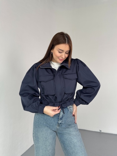 CKT-2037 Lacivert Cepli Kısa Form Büzgü Detaylı Bomber Ceket - 4