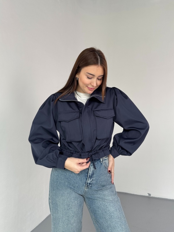 CKT-2037 Lacivert Cepli Kısa Form Büzgü Detaylı Bomber Ceket - 4
