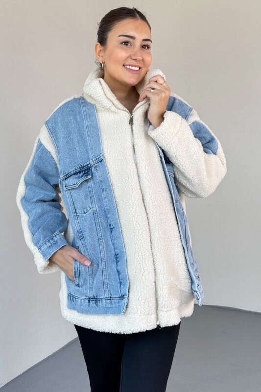 CKT-2408 Krem Denim Garnili Peluş Mont - 5