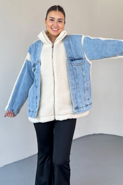 CKT-2408 Krem Denim Garnili Peluş Mont - 6