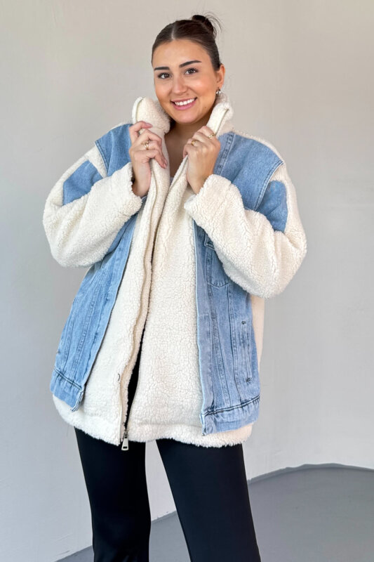 CKT-2408 Krem Denim Garnili Peluş Mont - 2