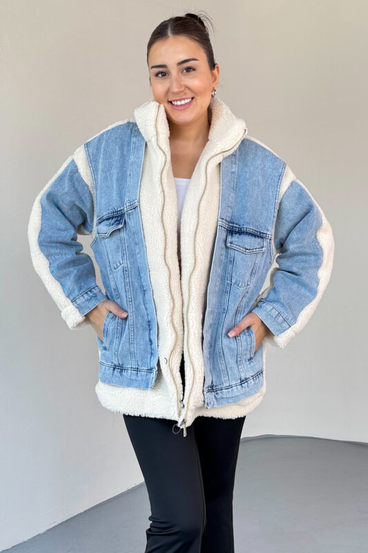 CKT-2408 Krem Denim Garnili Peluş Mont - 1