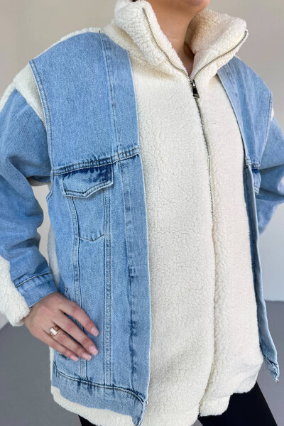 CKT-2408 Krem Denim Garnili Peluş Mont - 3