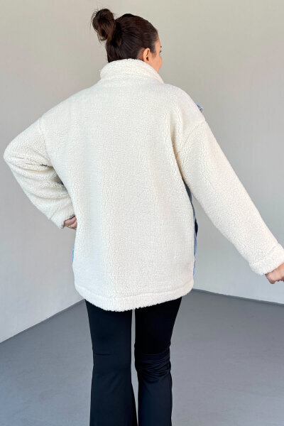 CKT-2408 Krem Denim Garnili Peluş Mont - 4