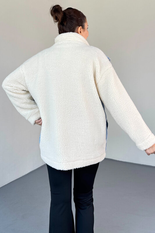 CKT-2408 Krem Denim Garnili Peluş Mont - 4