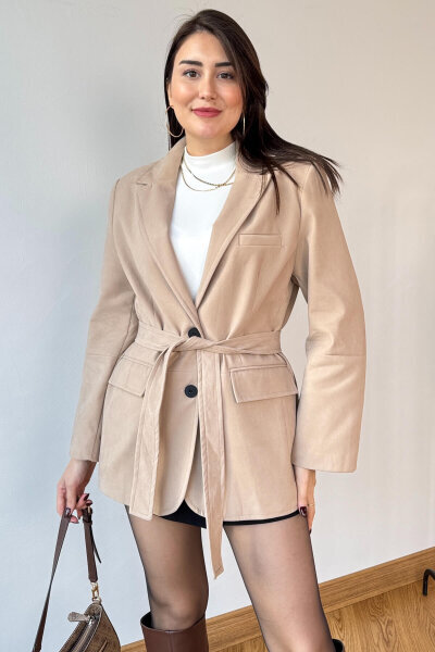 CKT-250561 Bej Astarlı Kemerli Süet Blazer Ceket - 2