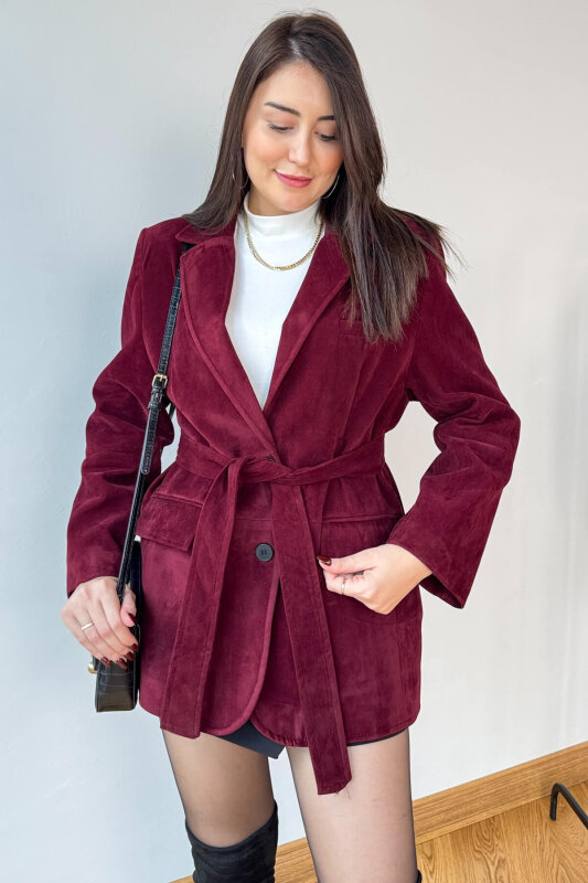 CKT-250561 Bordo Astarlı Kemerli Süet Blazer Ceket - 1