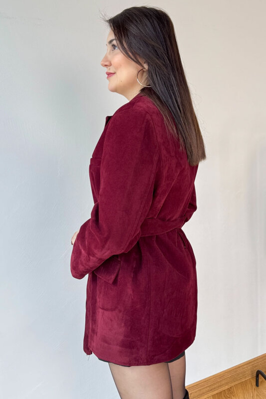 CKT-250561 Bordo Astarlı Kemerli Süet Blazer Ceket - 3