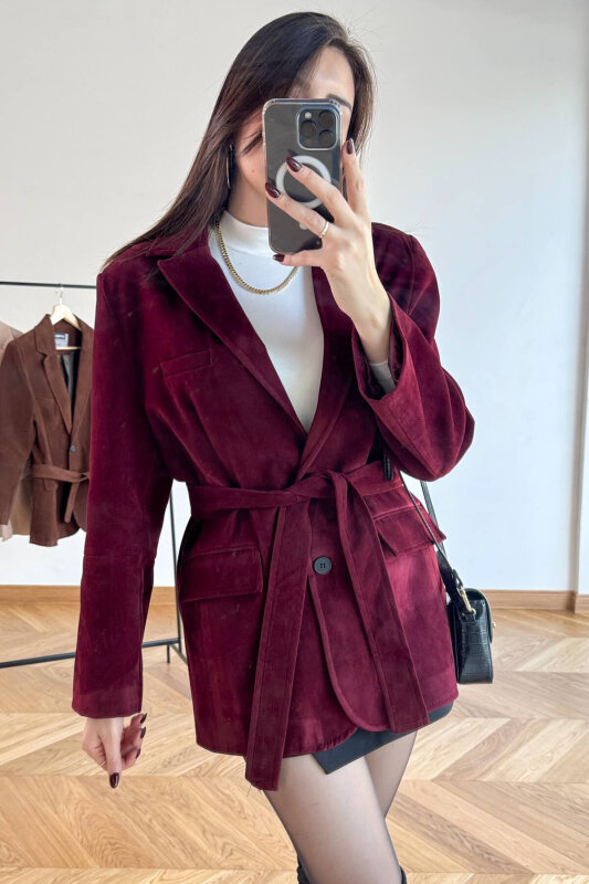CKT-250561 Bordo Astarlı Kemerli Süet Blazer Ceket - 4