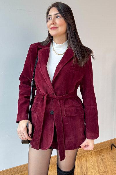 CKT-250561 Bordo Astarlı Kemerli Süet Blazer Ceket - 2