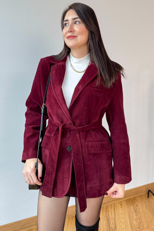CKT-250561 Bordo Astarlı Kemerli Süet Blazer Ceket - 2