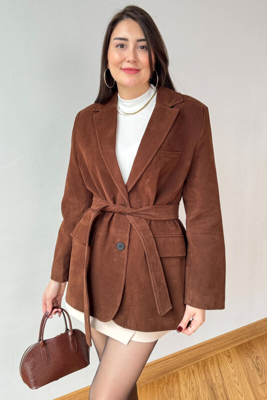 CKT-250561 Kahverengi Astarlı Kemerli Süet Blazer Ceket - 4