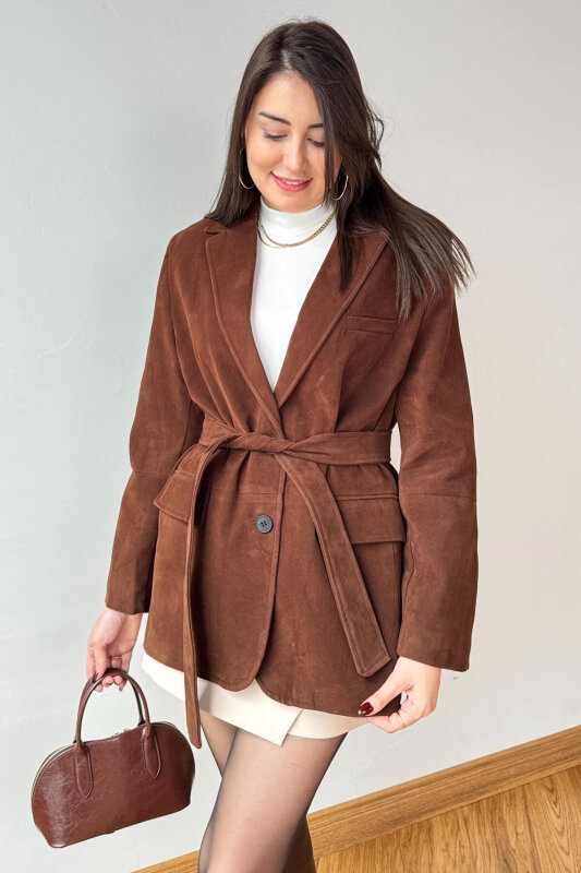 CKT-250561 Kahverengi Astarlı Kemerli Süet Blazer Ceket - 1