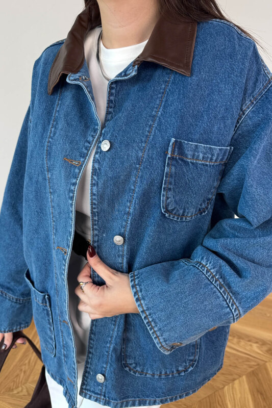 CKT-250570 Mavi Deri Yakalı Düğmeli Oversize Kot Ceket - 3