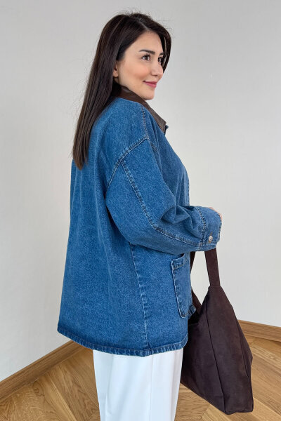 CKT-250570 Mavi Deri Yakalı Düğmeli Oversize Kot Ceket - 4