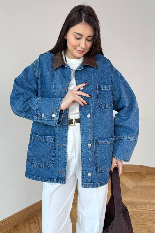 CKT-250570 Mavi Deri Yakalı Düğmeli Oversize Kot Ceket - 1