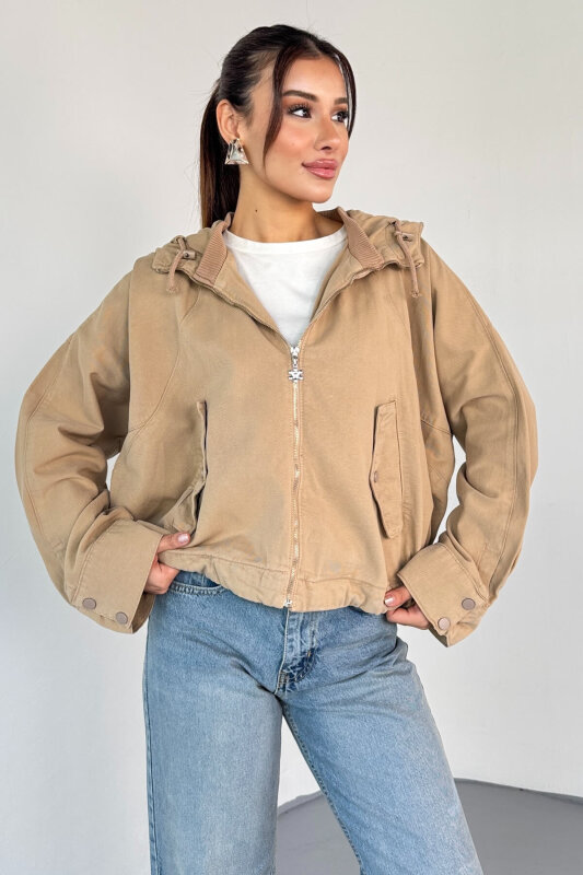 CKT-2523 Vizon Bağcıklı Cep Detaylı Kapüşonlu Oversize Ceket - 4
