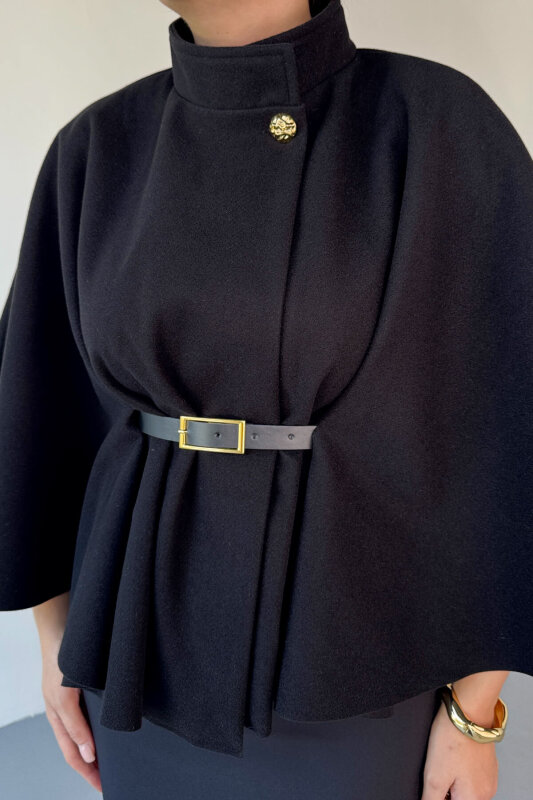 CKT-2712 Siyah Gold Düğmeli Kemer Detaylı Kaşe Panço - 3
