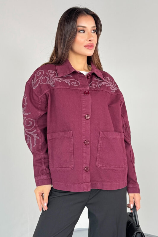 CKT-2749 Bordo Nakış Detaylı Cepli Gabardin Ceket - 2